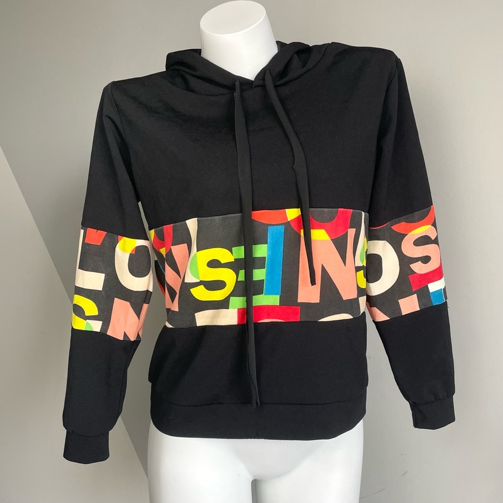 Black Colorful Lettering Graphic Hoodie
